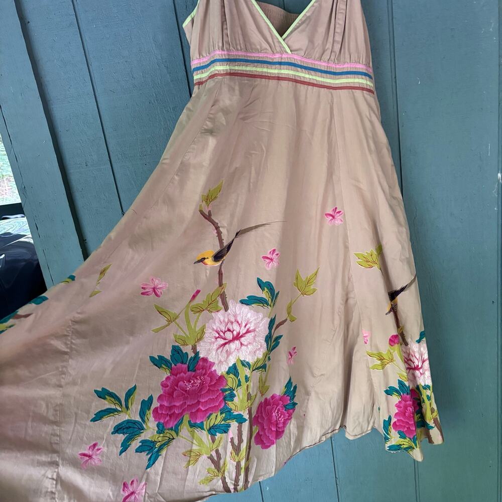 Vintage 90s Raiment Y2K Whimsical Boho Floral & Bird Midi Resort Sun Dress Sz M - Picture 3 of 10